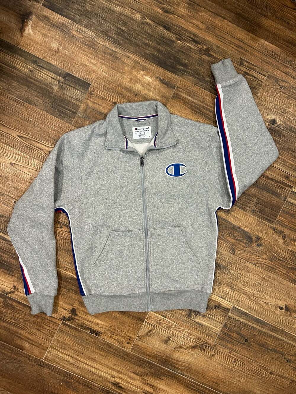 Champion Authentic Athleticwear Full Zip Gray Sweatshirt Striped Big C Logo